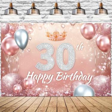 Imagem de Faixa rosa rosa feliz aniversário 30 anos cenário diamante glitter tema decoração de fundo para meninas princesa festa de aniversário decorações suprimentos 183 x 109 cm BECKTEN