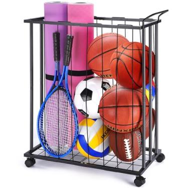 Imagem de TOBWOLF Carrinho de armazenamento de bola de garagem com rodas, organizador de equipamentos esportivos de garagem com corda elástica, suporte de bola para basquete, futebol, vôlei, garagem, academia