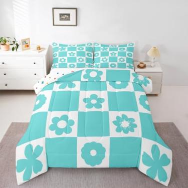 Imagem de Feelyou Jogo de cama xadrez com flores fofas para meninos e meninas, conjunto de edredom xadrez azul e branco, tamanho solteiro, geométrico, moderno, estilo geométrico, decoração de quarto, 2 peças