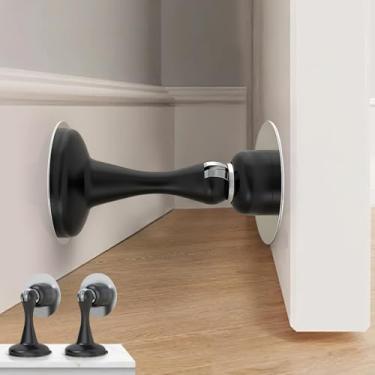 Imagem de Pacote com 2 batentes magnéticos, batentes de porta resistentes de aço inoxidável para montagem na parede e no chão, sem batente de porta de perfuração com fitas adesivas fortes, preto