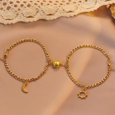 Imagem de 2 pulseiras para casais, pulseira delicada de coração combinando para casal, sol, lua, corrente, melhor amizade, joias, presentes para amantes, One Size, Liga de aço, Sem Pedra Preciosa