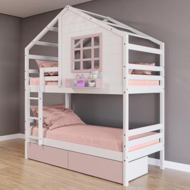 Imagem de Beliche Casinha Com Janela E Gavetas Rosa Madeira Maciça Branco/ Rosa Housin