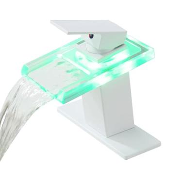 Imagem de Qeemee Torneira de pia de banheiro cascata LED, torneiras de banheiro, bico de vidro que muda de 3 cores com mangueira de abastecimento de água, torneira misturadora de lavatório de latão de 3 furos,