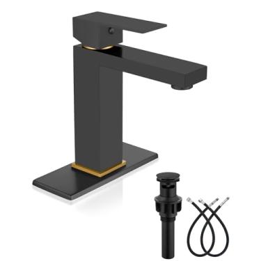 Imagem de Heyalan Torneira de banheiro 1 furo, torneira de pia de banheiro de alça única moderna aço inoxidável com tampa de drenagem pop-up e mangueiras de abastecimento de água, cabo preto fosco/ouro escovado