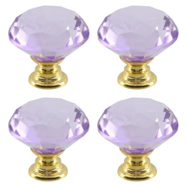 Imagem de Dahszhi 4 peças de diamante de topo plano 30 mm puxador de vidro de cristal puxadores de armário gavetas armário cômoda estante guarda-roupa, dourado-roxo
