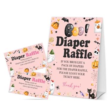 Imagem de seclate Jogos de chá de bebê de Halloween - 50 bilhetes de sorteio de fraldas + 1 placa autônoma - conjuntos de jogos de festa sorteio de fraldas para decoração de revelação de gênero de anúncio de