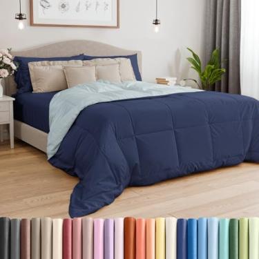 Imagem de Cal King Size, edredom alternativo azul reversível - quente, leve - conjunto de cama de qualidade de hotel respirável de luxo - edredom macio e aconchegante para todas as estações