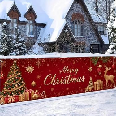 Imagem de HOMETITUTE Banner de Natal dourado vermelho 395 x 89 cm grande faixa de Feliz Natal com rena de árvore e presentes para festas de fim de ano, parede, quintal, jardim, decoração de casa interna, tela