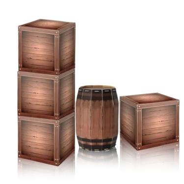 Imagem de Zeivvnef 5 conjuntos de decorações de festa pirata, caixas de madeira de grãos, caixa de barril de vinho, decorações de festa caubói ocidental para decoração de festa do oeste selvagem adereços de