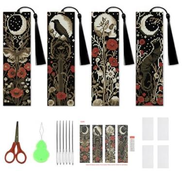 Imagem de NEGEKFKX Kit de 4 peças de marcadores de página de ponto cruz de flores para iniciantes adultos, kits de ponto cruz de mariposa boêmia, 14 quilates, kits de ponto de cruz faça você mesmo, kit de