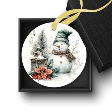 Imagem de Welshower Ornamentos de boneco de neve de inverno, decorações de Natal de boneco de neve, flores de poinsétia de inverno rústicas, enfeites decorativos de cerâmica para pendurar