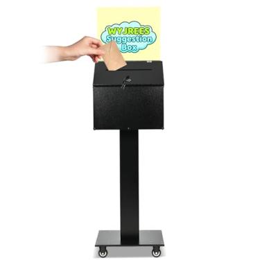 Imagem de WYJREES Caixa de sugestões com suporte, caixa de oferta de metal resistente com fechadura e chave, urna com suporte de placa para votação, caridade, igreja e evento