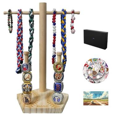 Imagem de Suporte de exibição de colar de beisebol de madeira, organizador de exibição de anéis de campeonato (para anel tamanho 9 ou maior), bônus de 50 peças de adesivos de beisebol, cartão de felicitações e