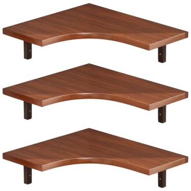 Imagem de Prateleira de canto montada na parede, prateleiras flutuantes de 3 níveis, suportes de madeira rústica e metal preto, para sala de estar, quarto ou cozinha, design que economiza espaço, fácil