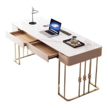 Imagem de Mesa de trabalho Mesa moderna para laptop, mesa de estudo luxuosa em branco e dourado, penteadeira com tomadas para carregamento(M)