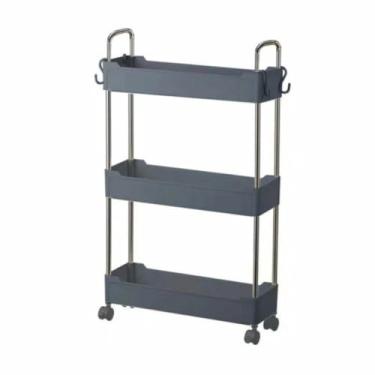 Imagem de Prateleira Multiuso com 3 Andares, Móvel Organizador com Rodinhas, Estrutura em Metal e Plástico, Cinza