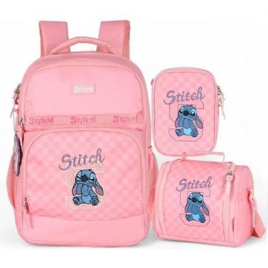 Imagem de Kit Mochila Escolar de Costas Lancheira e Estojo STITCH Xadrez Rosa Lu