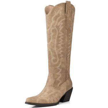 Imagem de DANAZANA Botas femininas de cano alto até o joelho, panturrilha larga, strass, botas caubói, bico fino, salto grosso, bordado brilhante, bota com meio zíper lateral, bota country brilhante, tamanho 6