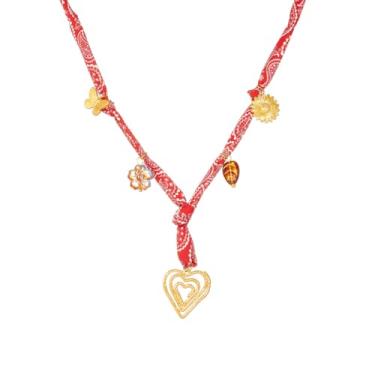 Imagem de JUN MEIR'S Colar de lenço de seda para mulheres gargantilha bandana ajustável com pingente de coração banhado a ouro 18K com pingente de pedra natural para joias de férias