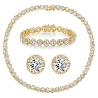 Imagem de Gemsme Conjunto de joias de colar de tênis de zircônia cúbica banhado a ouro branco 18K para mulheres e homens, 20inch, Latão, Zircônia cúbica