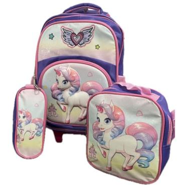 Imagem de Kit De Mochila Escolar Infantil Feminina Unicórnio Com Rodinha Em Silicone E Acompanha Lancheira Termica E Estojo