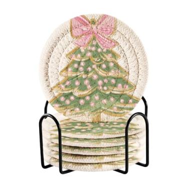 Imagem de Blueangle Porta-copos de 6 peças de árvore de Natal com laço rosa - tecido redondo super absorvente para proteção de mesa e decoração de casa (181)