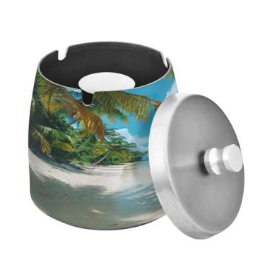 Imagem de Blueangle Lindo cinzeiro de praia tropical com tampa para cigarros, à prova de vento/chuva, aço inoxidável, sem fumaça, inodoro, cinzeiro para uso interno ou externo (369)