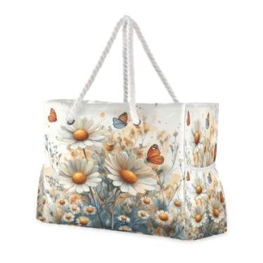 Imagem de ATTX Aquarela Prado Margaridas Bolsas de Praia para Mulheres - Bolsas de Praia Grandes com Zíper Impermeável À Prova de Areia Saco de Piscina Bolsa Grande #287