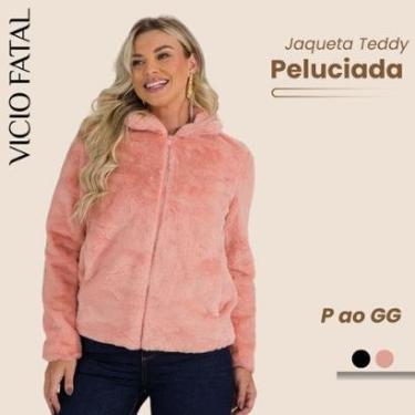 Imagem de Jaqueta Feminina Peluciada Teddy Gola Alta Fecho em Ziper Manga e Gola Peluciada-Feminino