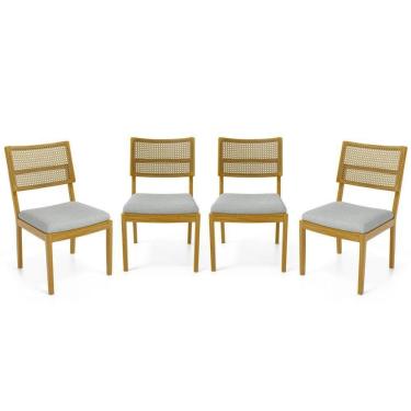 Imagem de Kit Com 4 Cadeiras Milena Madeira Maciça Assentos Estofados Encostos De Tela Palha Sextavada Linho Cinza 407