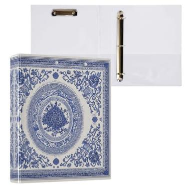 Imagem de Blueangle Fichário de 3 anéis estilo porcelana azul e branca com prancheta e 2 bolsos - Organizador de documentos decorativos de 3 cm para escritório, suprimentos para reuniões (303)