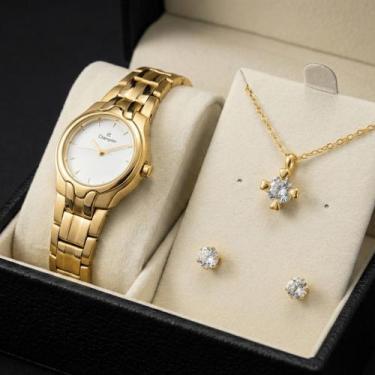Imagem de Kit Relogio Champion feminino Dourado +Semi joia Pequeno Qtz