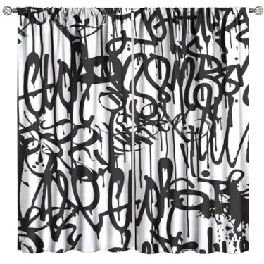Imagem de Cortinas blecaute com estampa de grafite Blakc branco abstrato