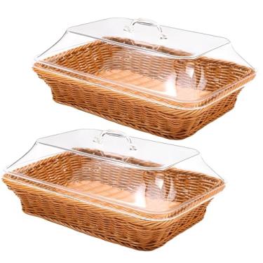 Imagem de Cestas de pão de vime com tampas de acrílico, 2 peças de cestas de pão de vime imitadas, cesta de pão de tecido com capa à prova de poeira, bandeja de frutas, bandeja de servir comida de vime para
