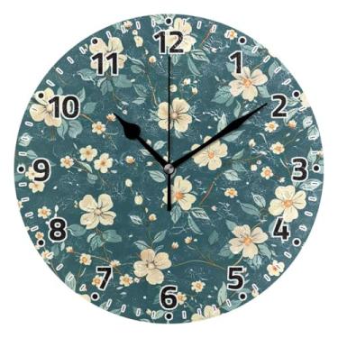 Imagem de WELLDAY Relógio de parede sem tique-taque 25,4 cm - Padrão floral azul-petróleo operado por bateria relógio redondo silencioso para casa/escritório/cozinha/sala de aula