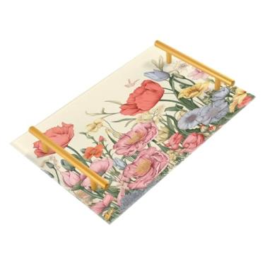 Imagem de Wassud Bandeja de banheiro floral vintage com alças organizador de perfume de acrílico para banheiro, quarto, cozinha, balcão de 30 x 20 cm