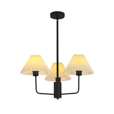 Imagem de Lustre plissado de estilo transicional, lustre Sputnik moderno de meados do século, lustre preto de 3 luzes, luminária de teto, luminária pendente plissada branca, lustres clássicos para sal