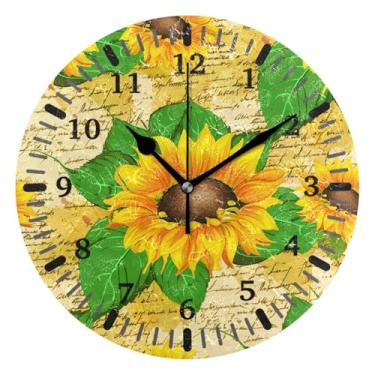 Imagem de CEBUGI Girassóis relógio de parede operado a bateria relógios redondos silenciosos sem tique-taque relógios de parede para cozinha, banheiro, quarto, escritório, decoração 25,4 cm