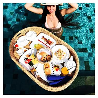 Imagem de Bandeja de servir flutuante mesa de piscina, bandeja de piscina flutuante portátil, bandeja de servir flutuante, bandeja de café da manhã elegante na água, piscina de tecido de vime (cor: marrom (YEL