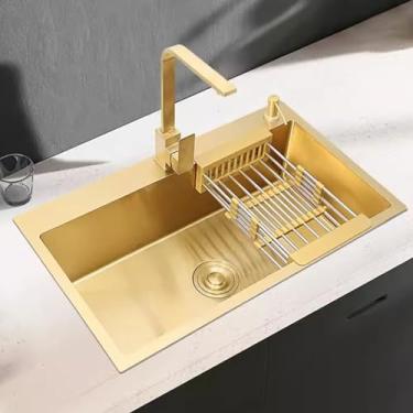 Imagem de PVXMQFFA Pia de cozinha de aço inoxidável para estação de trabalho dourada com torneira quadrada dourada bacia de aço inoxidável engrossada embaixo da bancada (cor: ouro, tamanho: 45 * 40 * 22 cm)