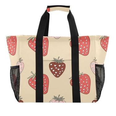 Imagem de Wassud Strawberries with Hearts Sacola de mercearia reutilizável grande bolsa organizadora de lona impermeável para praia, piquenique, lavanderia, viagem