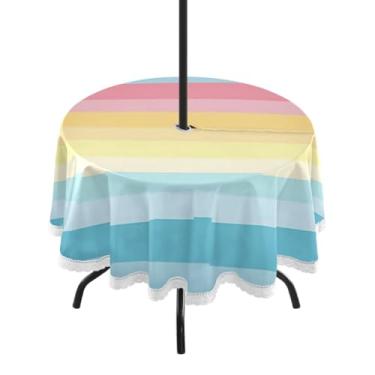 Imagem de CEBUGI Toalha de mesa redonda para uso externo, listrada, colorida, impermeável, com furo Umberlla, capa de mesa lavável para pátio, cozinha, sala de jantar, 152 cm
