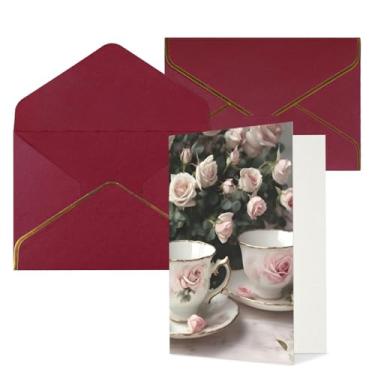 Imagem de Xícaras de chá com rosas românticas e surradas, cartões comemorativos para todas as ocasiões, cartões de notas em branco versáteis com envelopes 11,4 x 15,2 cm