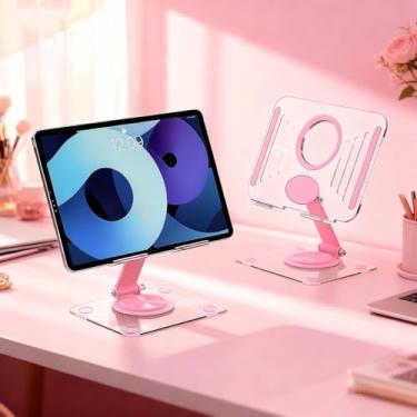 Imagem de Suporte giratório para tablet com base giratória de 360°, suporte ajustável para iPad para mesa com suporte estável, suporte universal para tablet para escritório e uso doméstico (rosa)