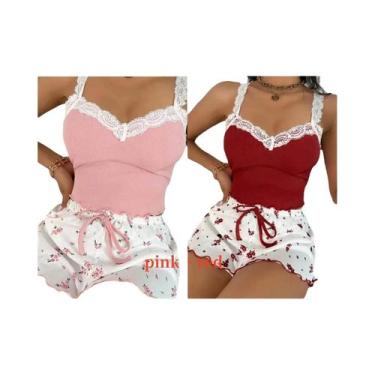 Imagem de Conjunto De Pijama Feminino Rosa Com Renda E Patchwork, Camisola Sexy 