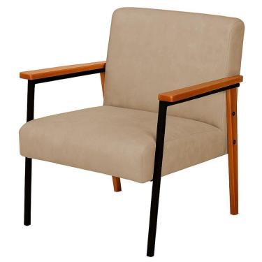 Imagem de Poltrona Fontana Couro Bege Base Em Madeira Com Metal Preto