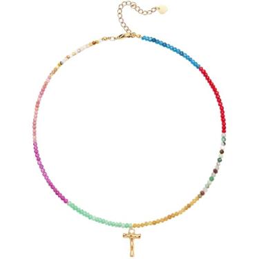 Imagem de MEVOME Colar feminino com contas com inicial de pedras, semipreciosas, boho, pedra semipreciosa, banhado a ouro 18 K, arco-íris, colorido, moderno, alfabeto, gargantilha delicada, joia feminina para