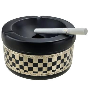 Imagem de Cinzeiro coberto, cinzeiro de metal portátil à prova de vento com suporte de cigarro com tampa giratória para acampamento, praia, pátio - Receptáculo portátil para uso interno/externo, carro, trailer