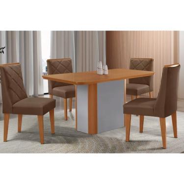 Imagem de Sala Jantar Mesa Pietá Tampo Curvo 120cm+4 Cadeiras Pietá Madeira Naturale/Off White - Capuccino/Suede Marrom - Rufato