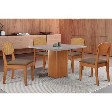 Imagem de Sala Jantar Mesa Maldivas Tampo c/ Vidro Curvo 90cm+4 Cadeiras Havana Naturale/Off White - Suede Capuccino - Rufato